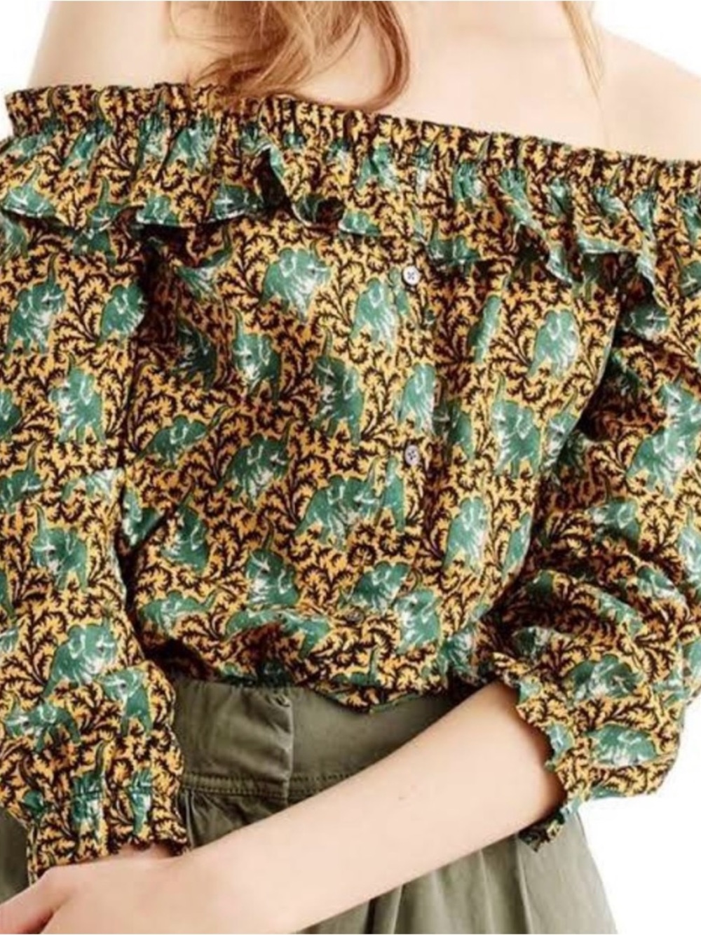 J. Crew Ratti Elephant Print Off-Shoulder Top